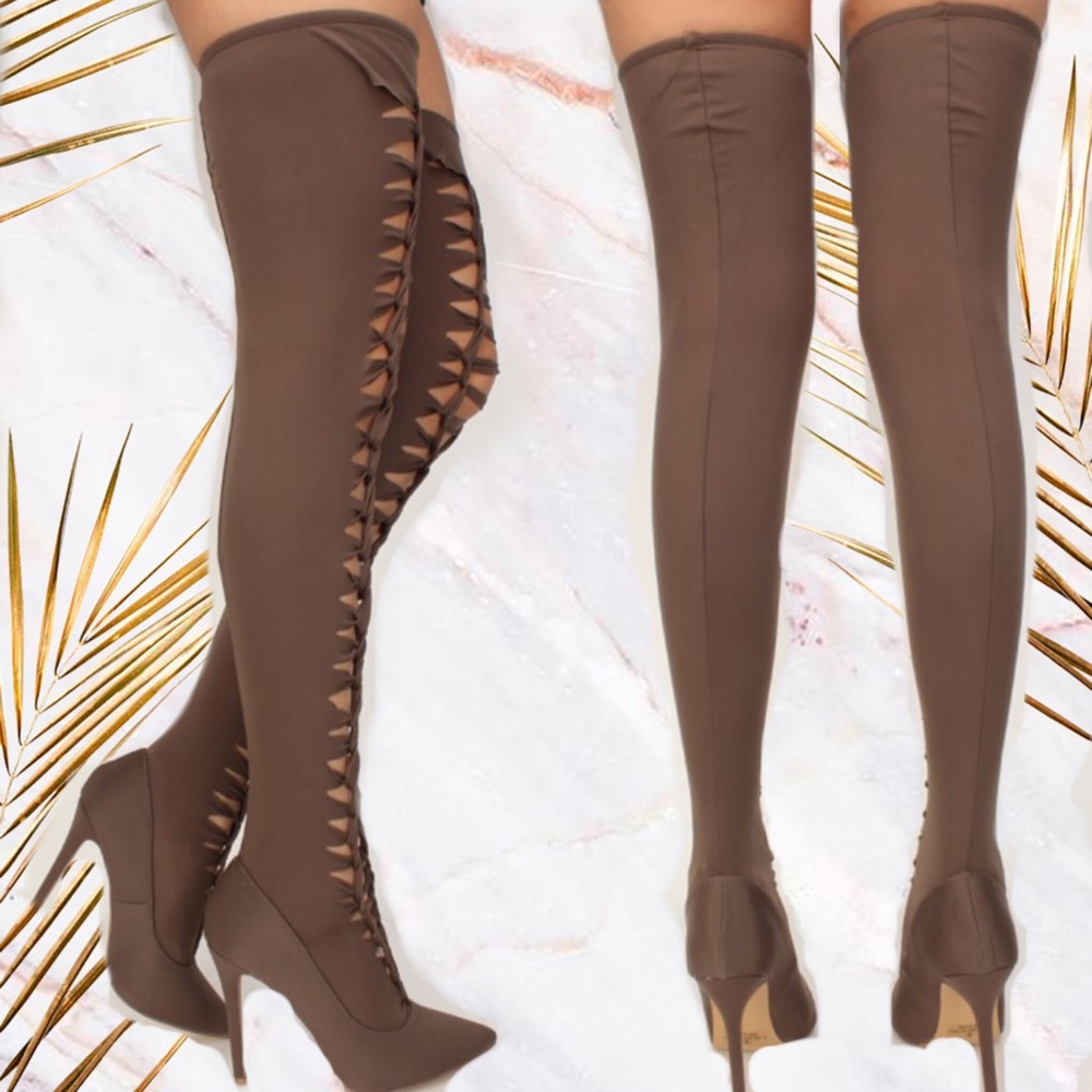 ‼️ Thigh High Stretch Lyrca Heel Boots Taupe Black